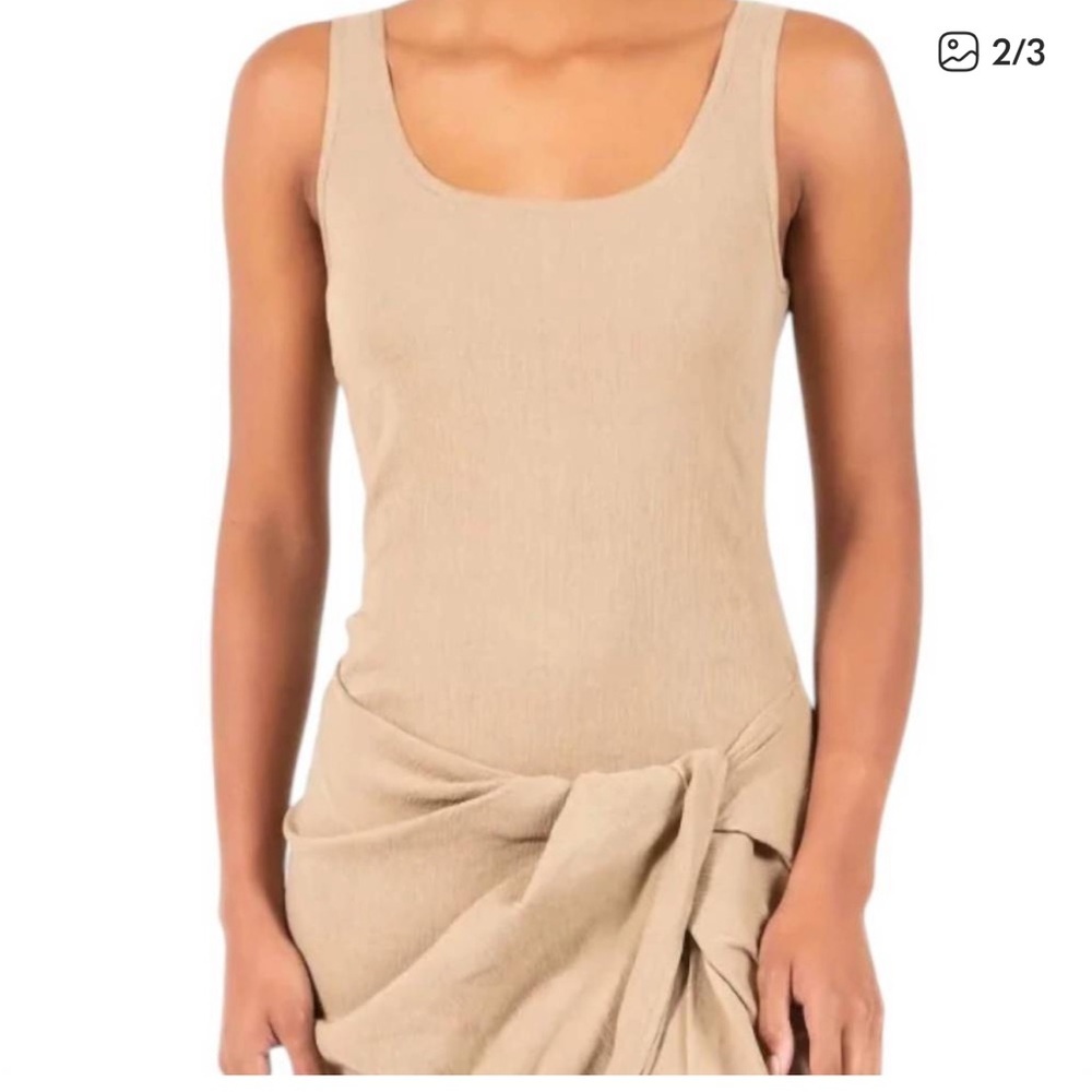 NEW ANEMOS selene drop waist drape midi dress in taupe Medium - Picture 2 of 9